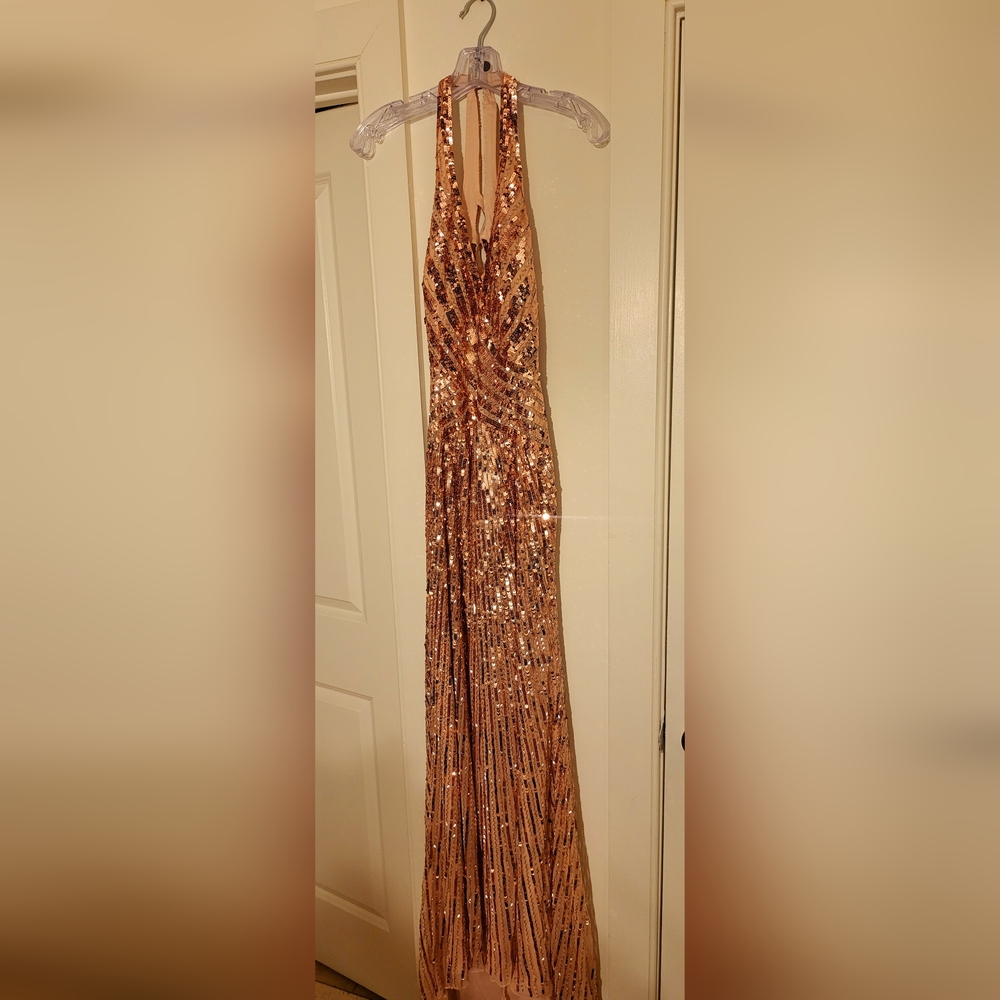 Mac Duggal Rose Gold Sequin Embellished Cut Out Back Formal Gown